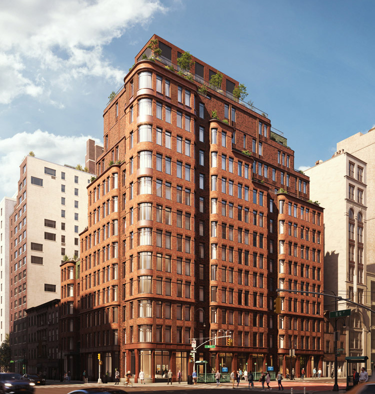 Street view rendering of The Village West residences in NYC with red brick exterior and terra cotta accents.