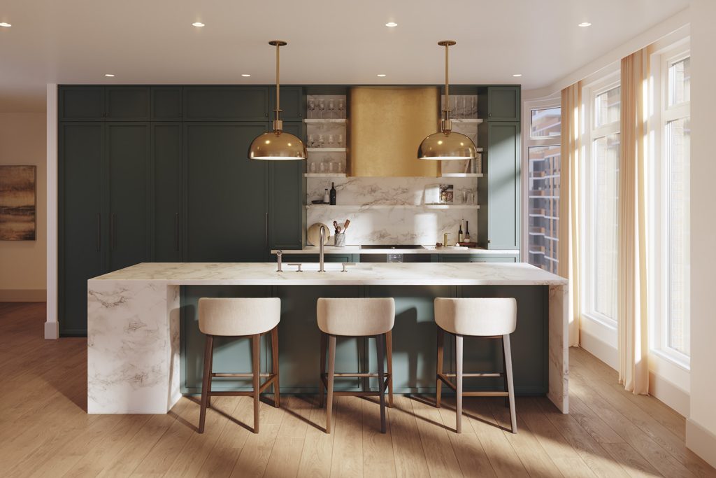 Luxury kitchen at The Village West condominiums with stone slab countertops, Poliform cabinetry, and Waterworks fixtures.