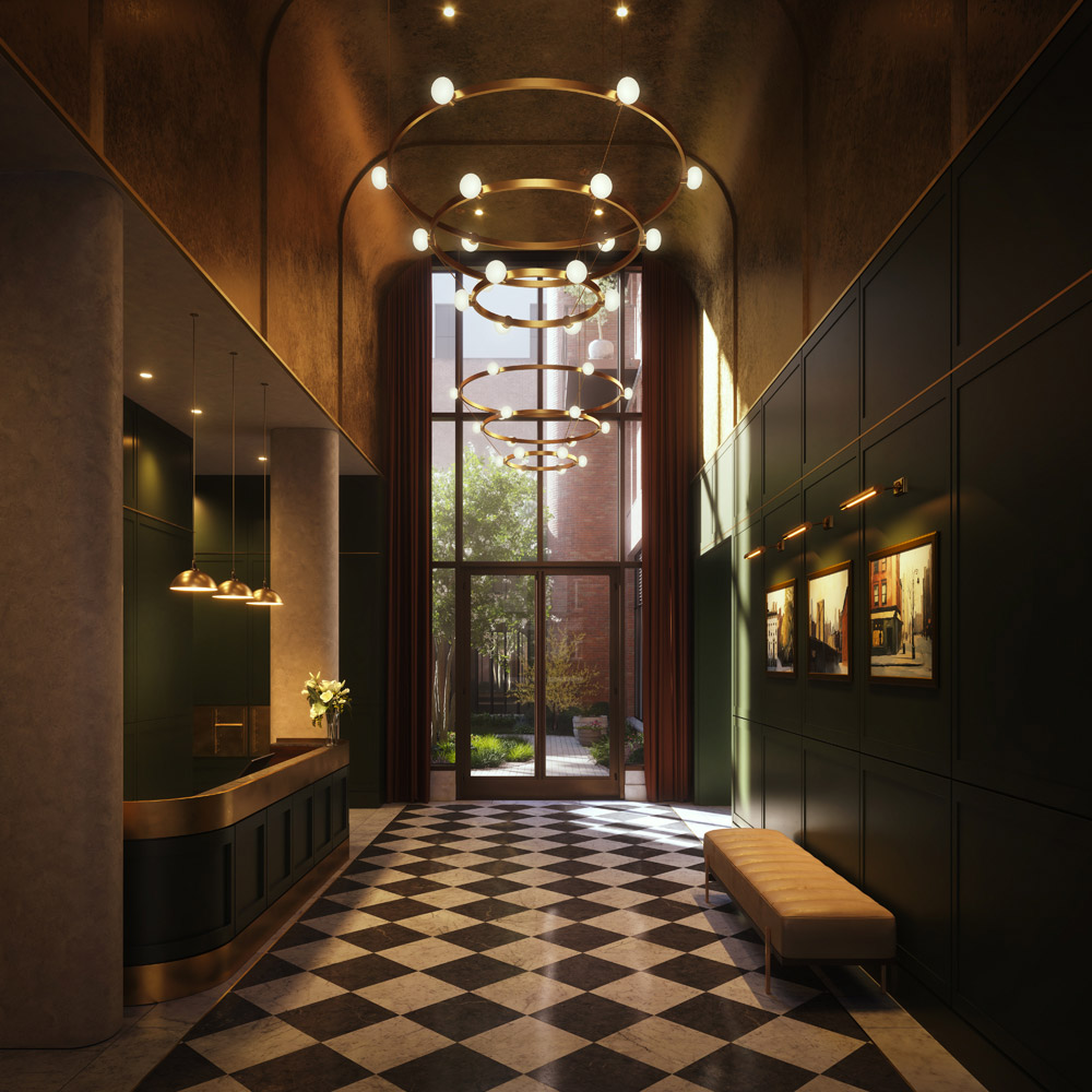 Lobby interior of The Village West condominiums in New York with checkered marble floors and tall windows for natural light.