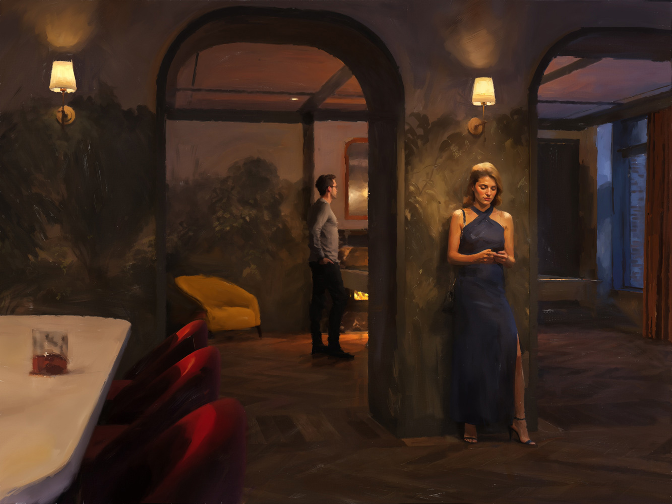 Rendering of the bar lounge at The Village West with a woman in a blue dress standing near the billiard room.