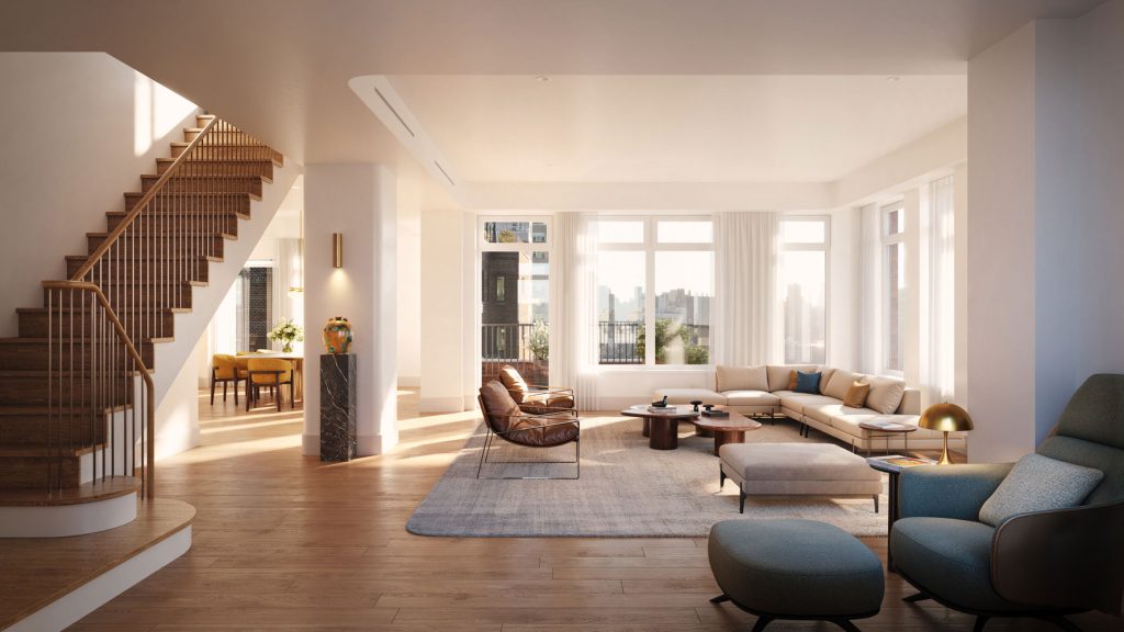 Main floor of the penthouse at The Village West NYC with open floor plan, hardwood floors, staircase and private terrace.