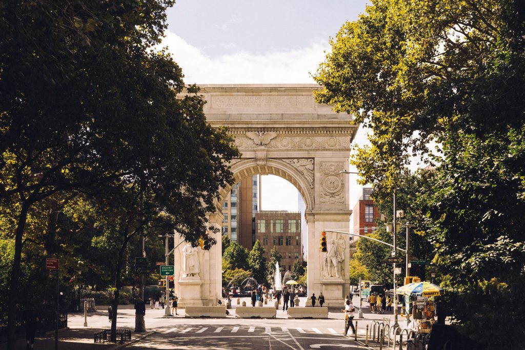 View of the Washington Square Arch in Washington Square Park in Greenwich Village in New York City.